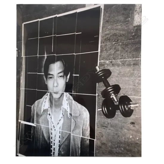 Unidentified photographer - Montage of man next to dumbbells on wooden floor,